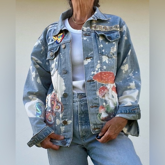 Festival concert jacket size Large, Artistic Denim Jacket with Colorful Patches - Picture 1 of 16